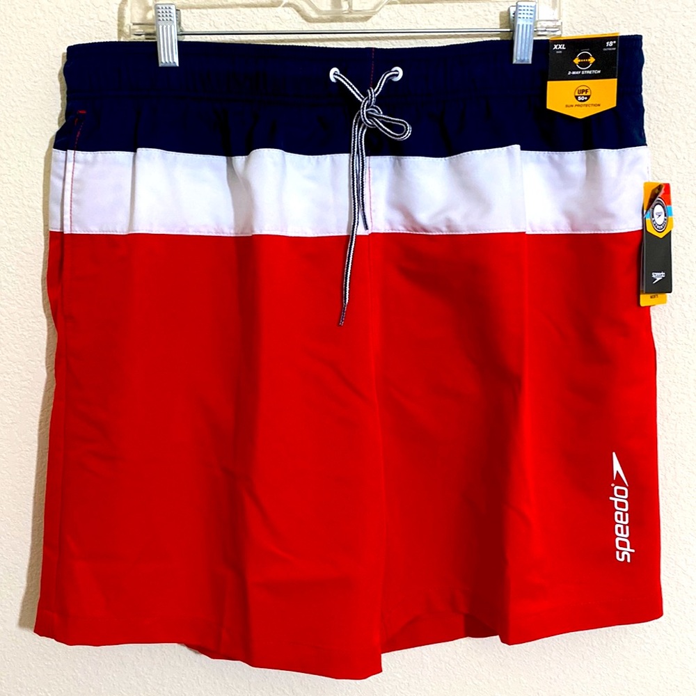 SPEEDO Men's Navy White Red Swim Trunks w UFP50+ Sun Protection Size XXL